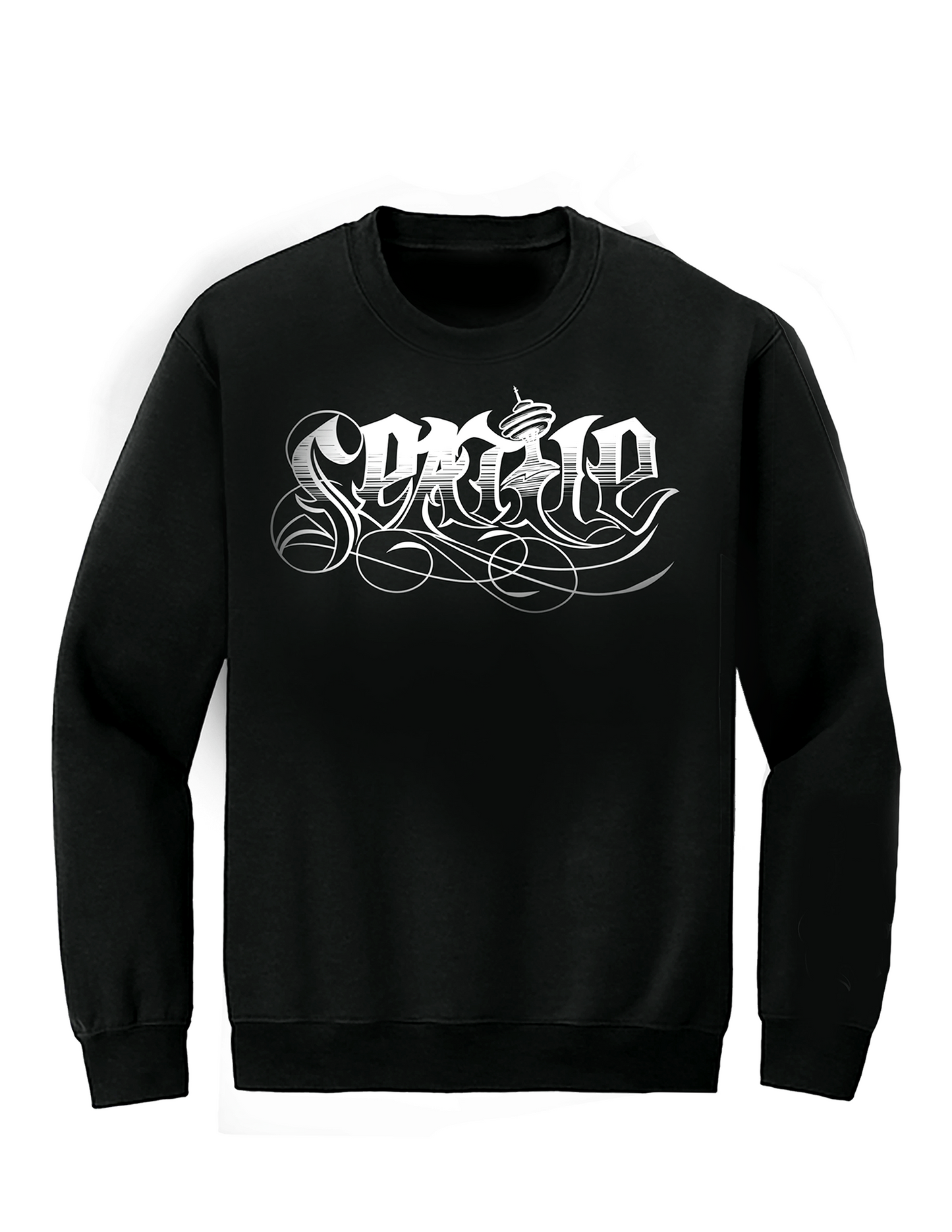 Black sweatshirt with white intricate text design on a white background