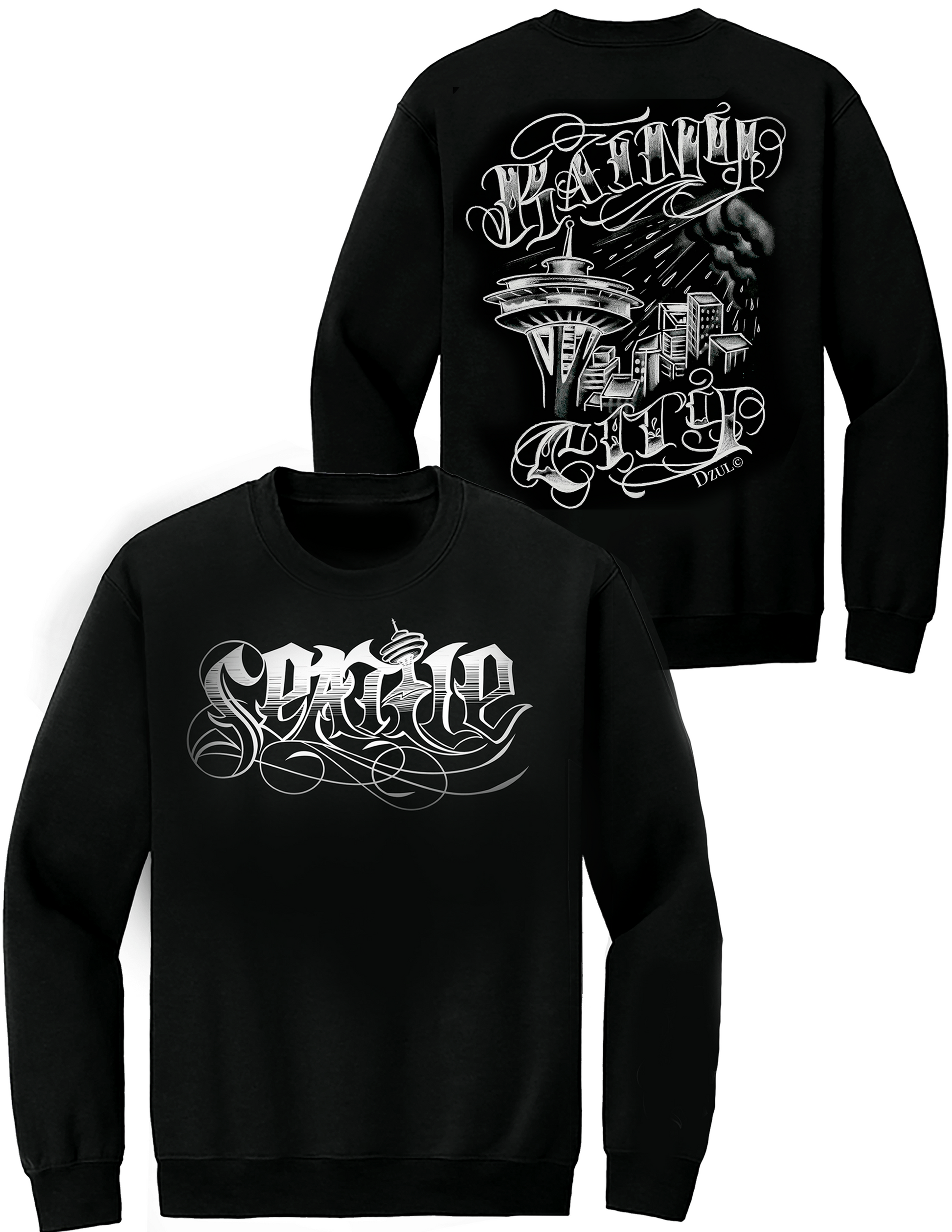 Black sweatshirt with white graphic design on a white background