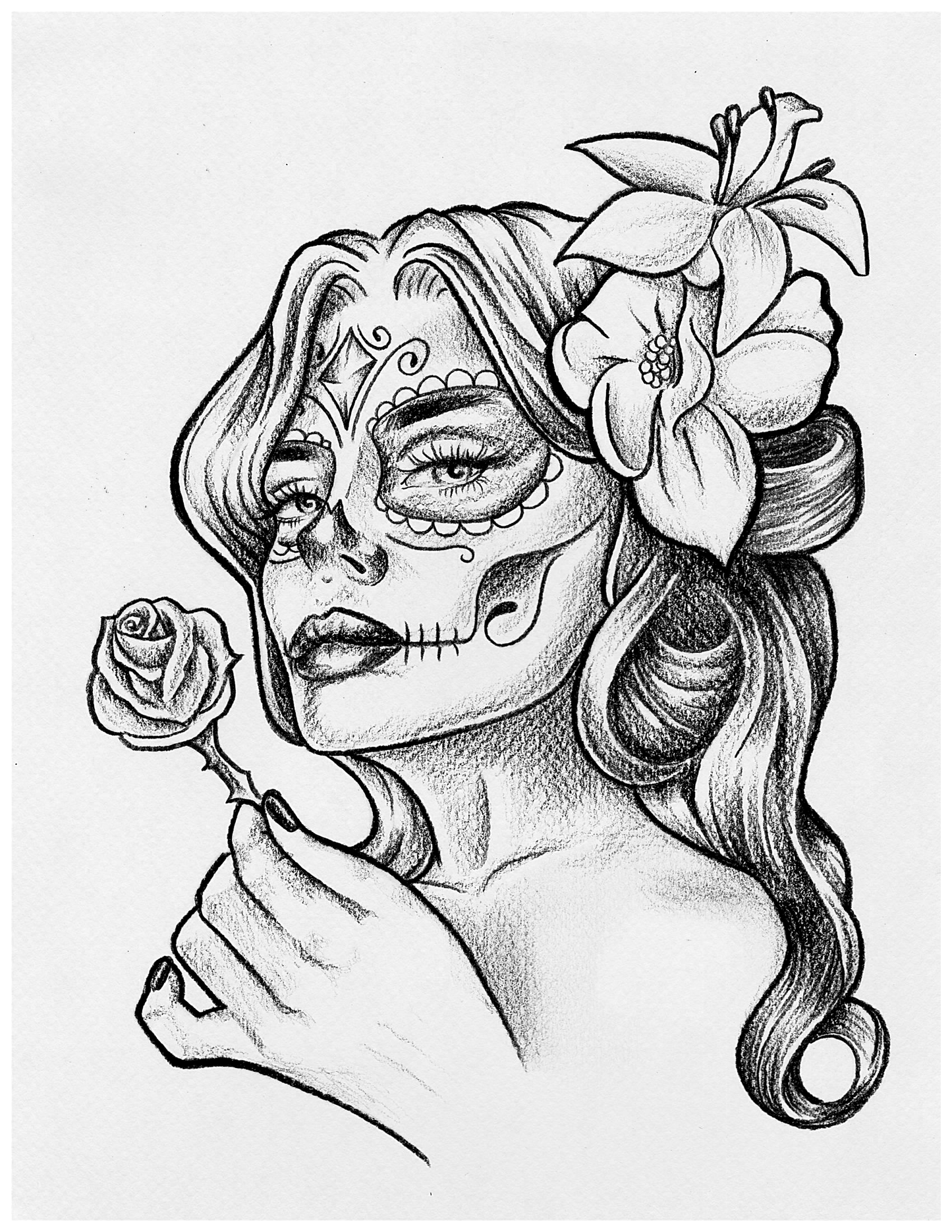 Sugar Skull Woman Holding Rose Art Print