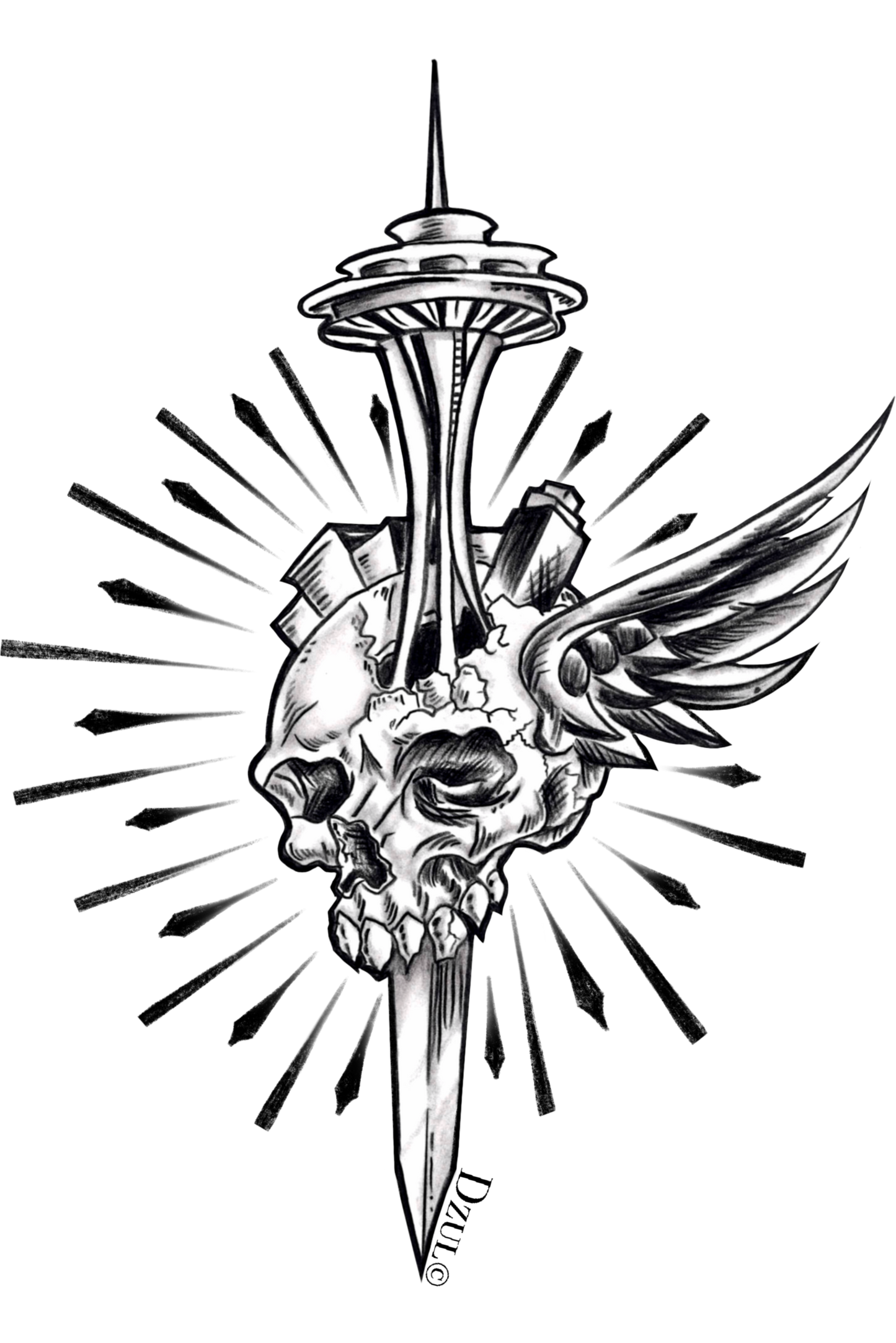 Seattle Skull Dagger Temporary Tattoo