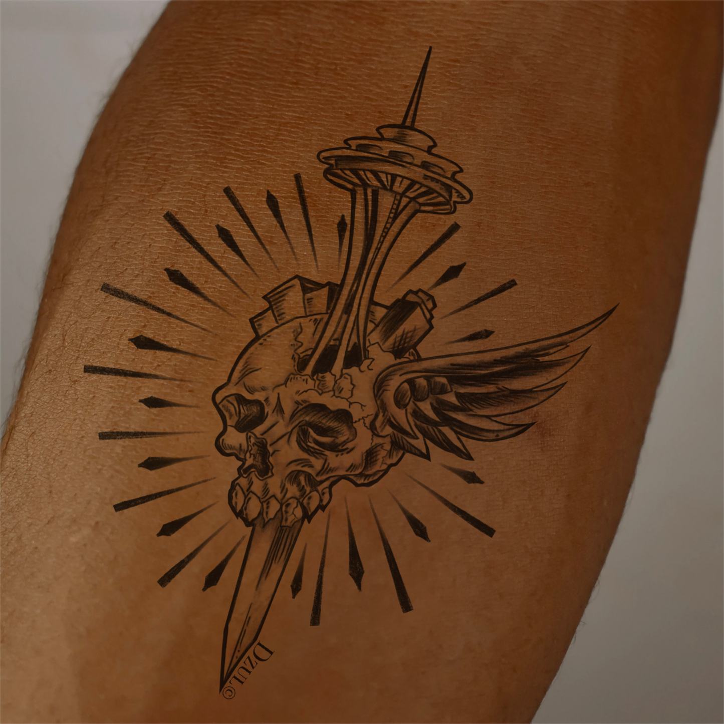 Seattle Skull Dagger Temporary Tattoo